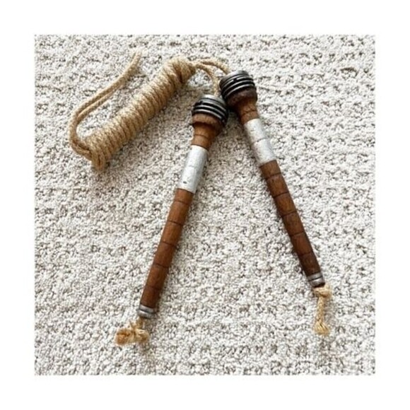 Vintage Wooden Skipping Jump Rope Northrup Blackburn Metal Caps Decor Retro Gym - Picture 1 of 9
